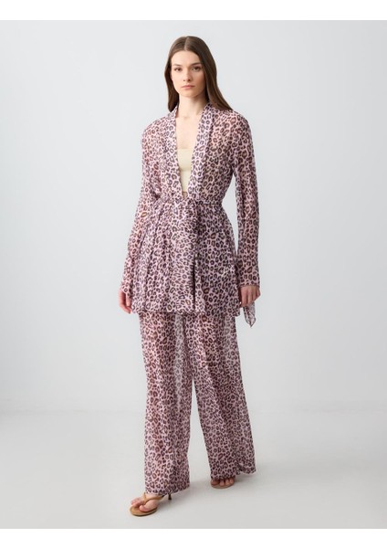 Toz Pembe Yüksek Bel Bol Paça Desenli Şifon Dokuma Pantolon fırsatları