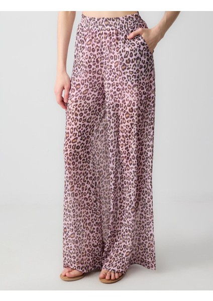 Toz Pembe Yüksek Bel Bol Paça Desenli Şifon Dokuma Pantolon indirimleri
