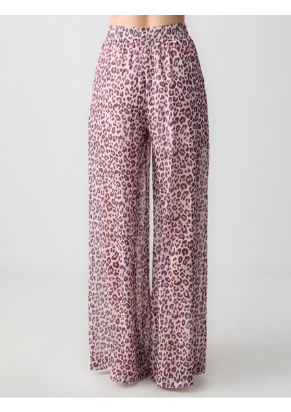 Toz Pembe Yüksek Bel Bol Paça Desenli Şifon Dokuma Pantolon