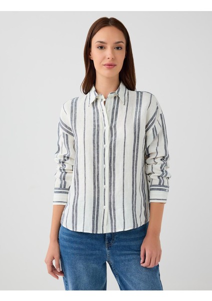 Indigo Mavi %100 Keten Rahat Kesim Çizgili Keten Gömlek