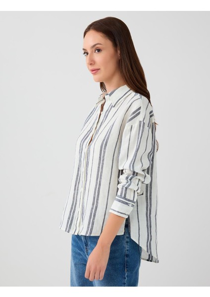 Indigo Mavi %100 Keten Rahat Kesim Çizgili Keten Gömlek modelleri