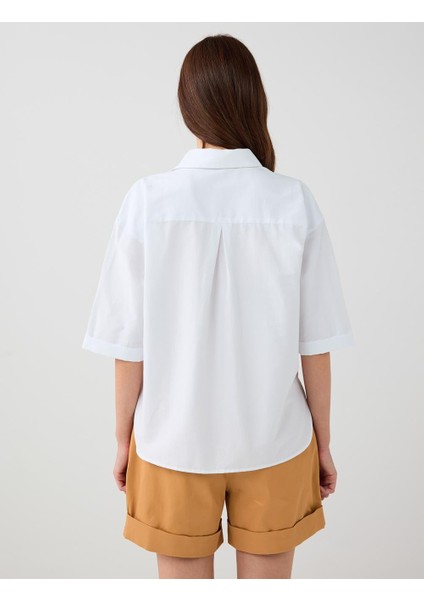 Ekru Dirsek Kol Düğme Detaylı Dokuma Gömlek indirimleri
