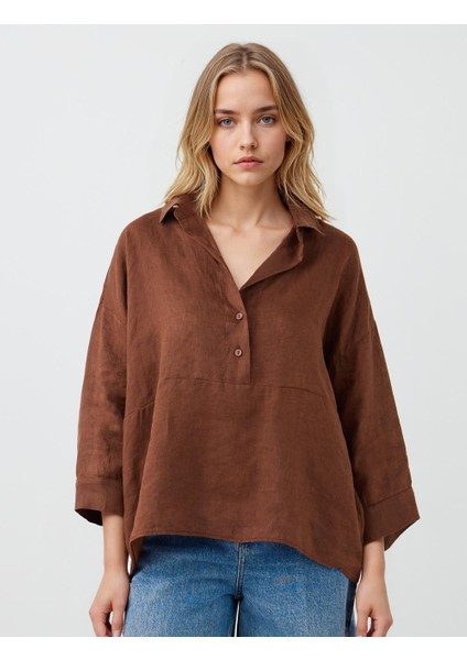 Acı Kahve %100 Keten Rahat Kesim Truvakar Kol Gömlek Yaka Bluz