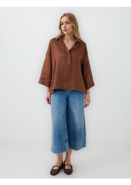 Acı Kahve %100 Keten Rahat Kesim Truvakar Kol Gömlek Yaka Bluz fiyatları