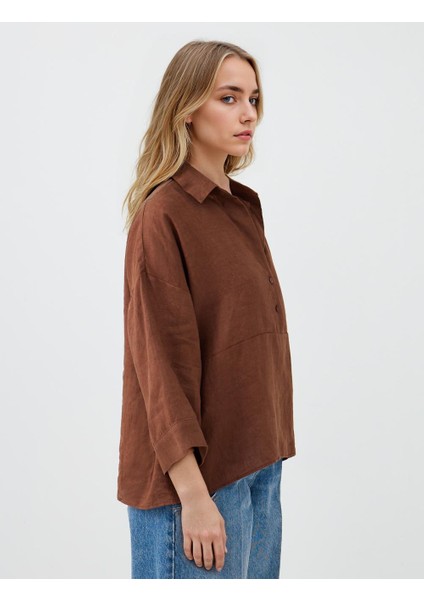 Acı Kahve %100 Keten Rahat Kesim Truvakar Kol Gömlek Yaka Bluz fırsatları