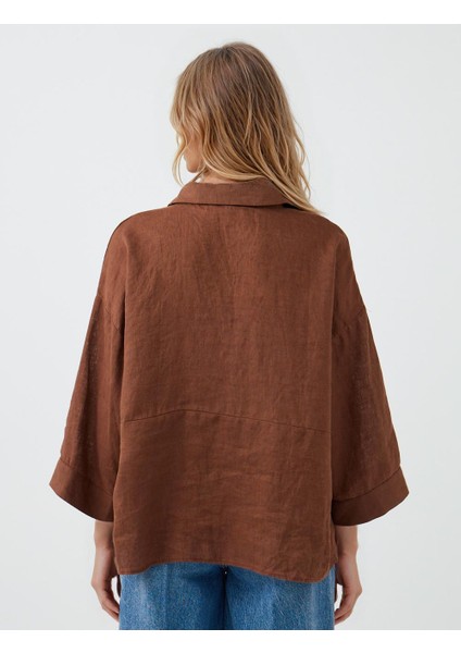 Acı Kahve %100 Keten Rahat Kesim Truvakar Kol Gömlek Yaka Bluz indirimleri