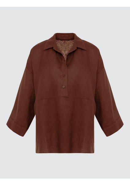 Acı Kahve %100 Keten Rahat Kesim Truvakar Kol Gömlek Yaka Bluz