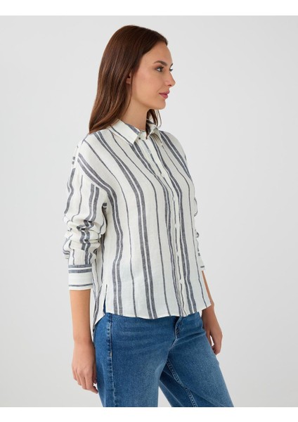 Indigo Mavi %100 Keten Rahat Kesim Çizgili Keten Gömlek fırsatları