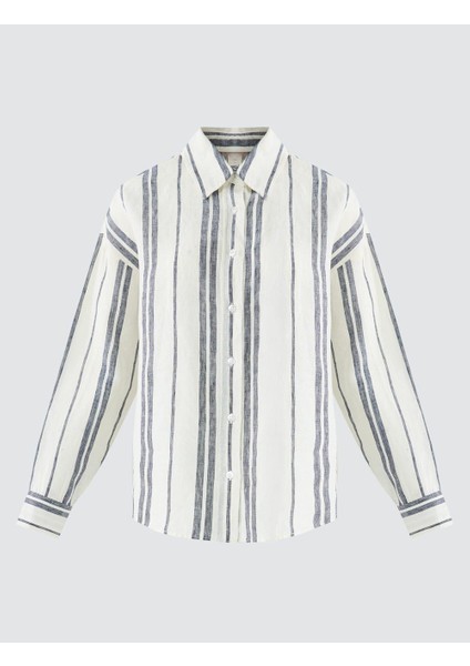 Indigo Mavi %100 Keten Rahat Kesim Çizgili Keten Gömlek