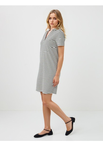 Siyah Kısa Kollu Polo Yaka Çizgili Örme Mini Elbise fiyatları