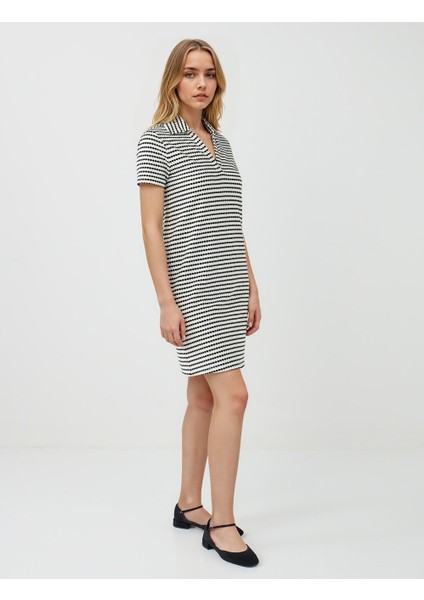Siyah Kısa Kollu Polo Yaka Çizgili Örme Mini Elbise modelleri
