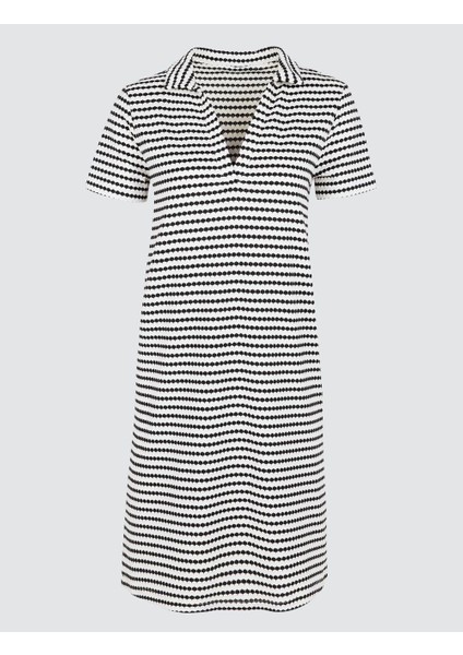 Siyah Kısa Kollu Polo Yaka Çizgili Örme Mini Elbise