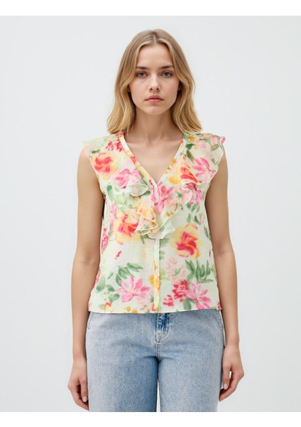 Ekru V Yaka Kolsuz Çiçek Desenli Dokuma Bluz