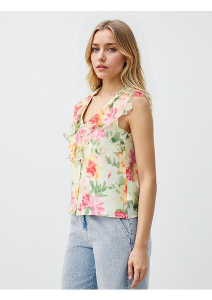 Ekru V Yaka Kolsuz Çiçek Desenli Dokuma Bluz modelleri