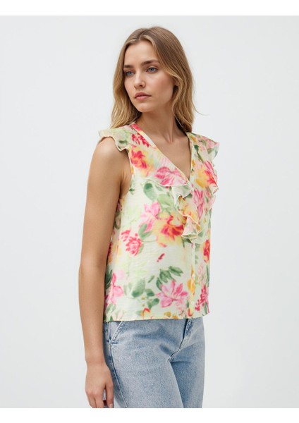 Ekru V Yaka Kolsuz Çiçek Desenli Dokuma Bluz fırsatları