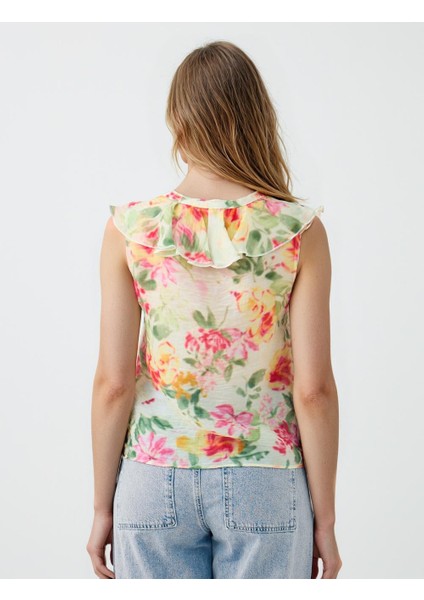 Ekru V Yaka Kolsuz Çiçek Desenli Dokuma Bluz indirimleri