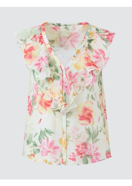 Ekru V Yaka Kolsuz Çiçek Desenli Dokuma Bluz