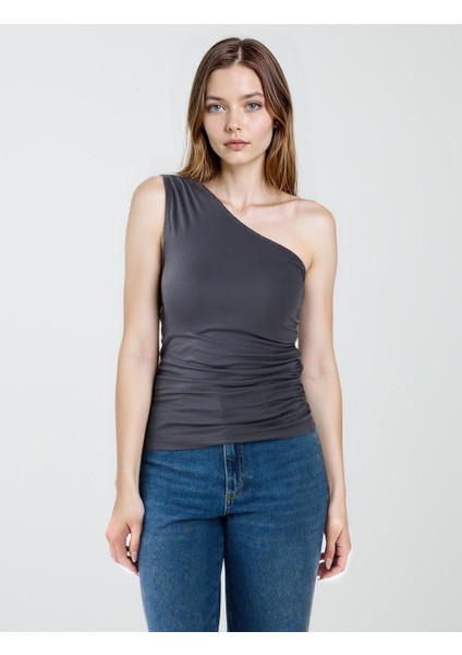 Grı Dar Kesim Asimetrik Yaka Örme Bluz