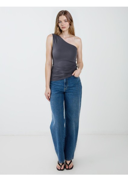 Grı Dar Kesim Asimetrik Yaka Örme Bluz fiyatları