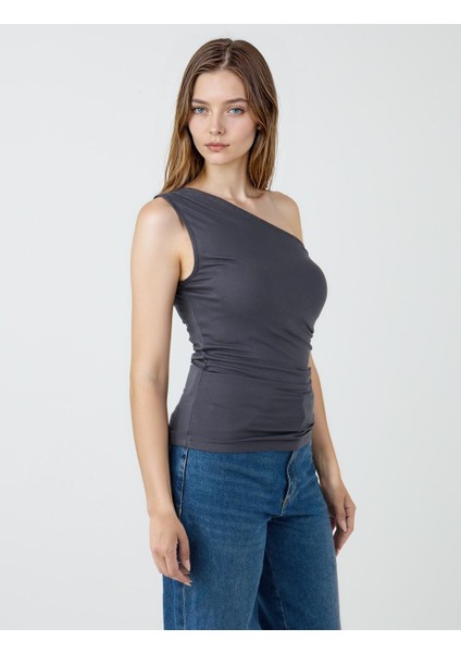 Grı Dar Kesim Asimetrik Yaka Örme Bluz modelleri