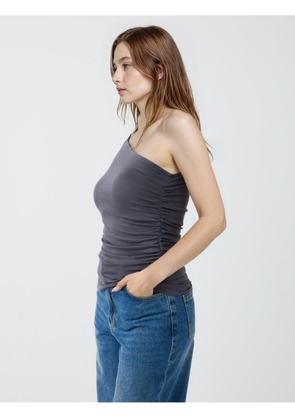 Grı Dar Kesim Asimetrik Yaka Örme Bluz fırsatları