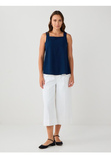 Lacivert Kare Yaka Kolsuz Keten Karışımlı Bluz fiyatları