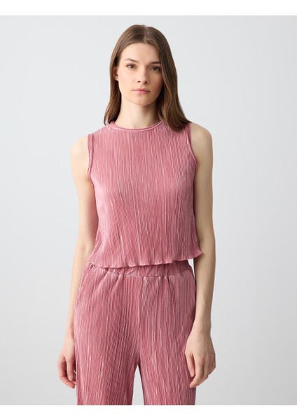 Gül Kurusu Dar Kesim Yuvarlak Yaka Piliseli Örme Bluz