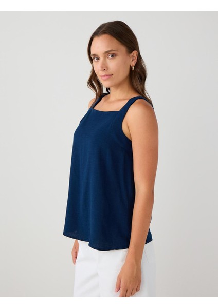 Lacivert Kare Yaka Kolsuz Keten Karışımlı Bluz modelleri