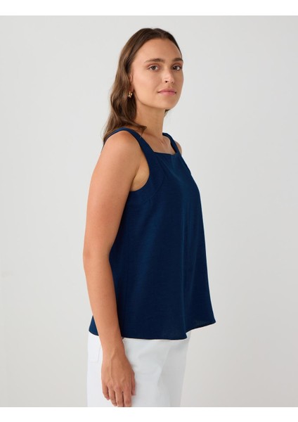 Lacivert Kare Yaka Kolsuz Keten Karışımlı Bluz fırsatları