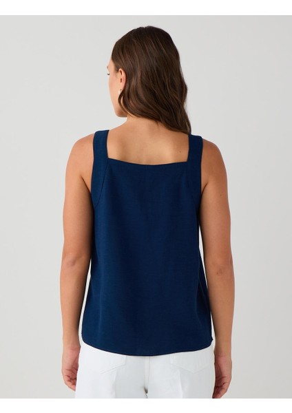 Lacivert Kare Yaka Kolsuz Keten Karışımlı Bluz indirimleri