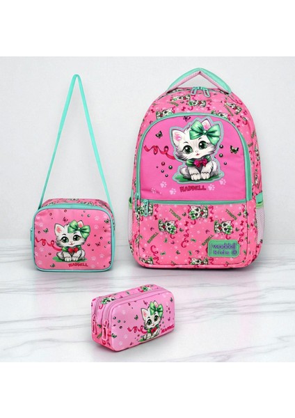 Lisanslı Pembe Kedi Desenli Ilkokul Sırt Çantası, Beslenme Çantası ve 2 Ce