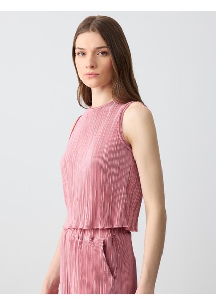 Gül Kurusu Dar Kesim Yuvarlak Yaka Piliseli Örme Bluz modelleri