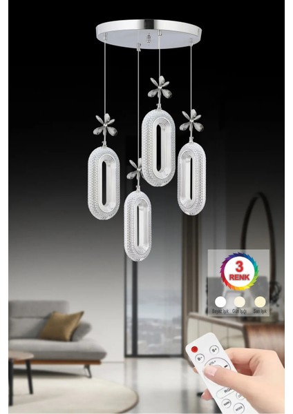 Istanbul Avize Alfa 4'lü Gümüş Kumandalı 3 Renk Ledli Modern LED Avize