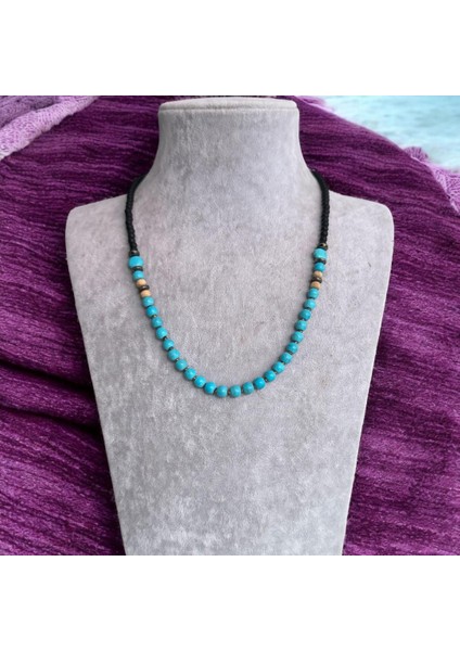 Mini Turkuaz Sıralı Mat Siyah Boncuklu Doğal Taş Kolye