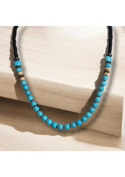 Mini Turkuaz Sıralı Mat Siyah Boncuklu Doğal Taş Kolye fiyatları
