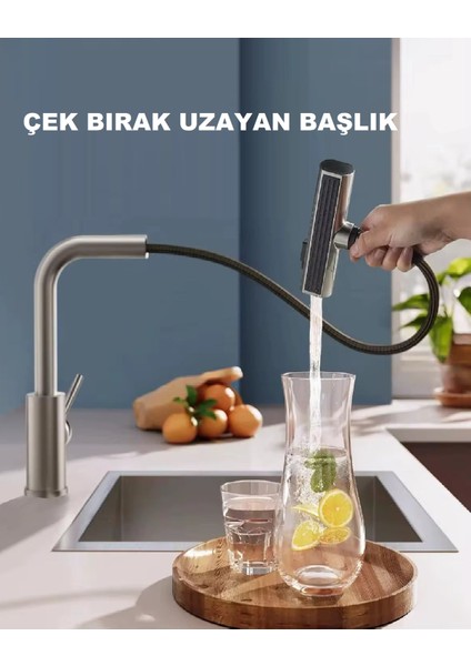 Çok Modlu Inox Mutfak Evye Bataryası Mat Gri Musluk Spiralli Çek Bırak Başlık Yağmurlama fırsatları