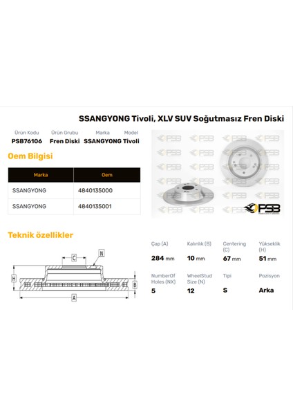 Fren Diski Arka 284MM Ssangyong Tivoli 2015- Oem Kodu - 4840135001-PSB76106