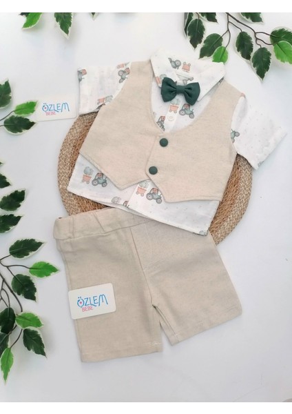 Traktör Desen Cepken Yelekli Müslin 2'li Takım Toprak - 18-24 Ay