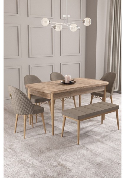 Calvin Atlantik 80X132 Açılabilir Mdf Masa Yemek Odası Takımı, Mutfak Takımı 4 Sandalye, 1 Bench