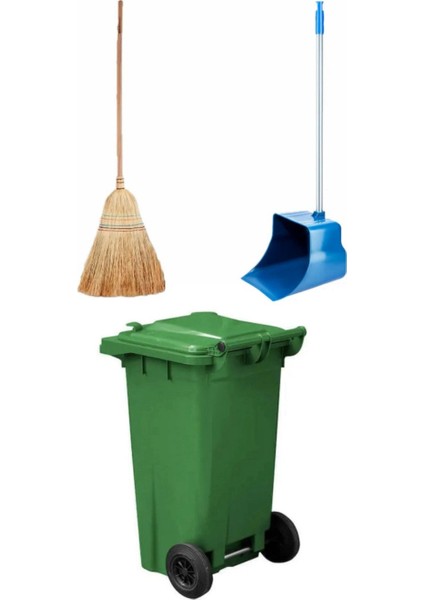 1 Adet Yeşil Plastik Çöp Konteyneri 120 Lt Isıya Karşı Dayanıklı Çöpçü Faraş Takımlı