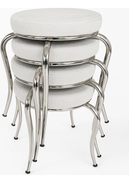 Paslanmaz Krom Ayaklı Beyaz Kumaş Tabure 4 Adet