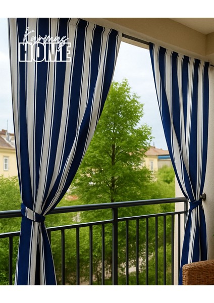 Balkon Perdesi Branda Kumaşı-Yağmur Geçirmez-Kalın-Bağcıklı-Düğmeli Mavi/beyaz
