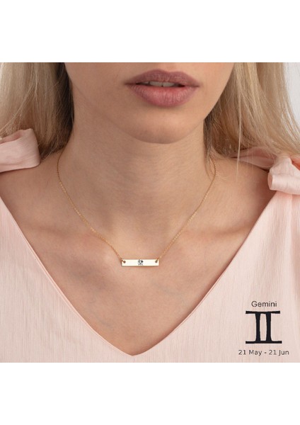 14 Ayar Altın Plakalı Ikizler Burçlarına Özel Zincirli Dikdörtgen Motifli Hediyelik KOLYE-484BURÇ