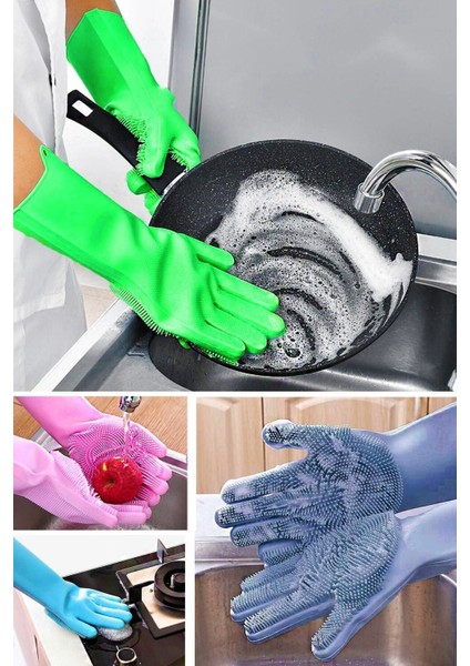 Isıya Dayanıklı Çok Amaçlı Silikon Temizlik Eldiveni, Fırçalı ve Esnek Tasarım
