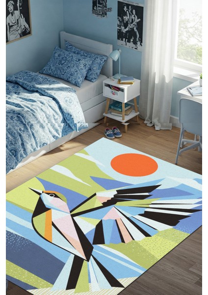 Çok Renkli Kuş ve Doğa Desenli Halı Dijital Baskılı Dokuma Kaymaz Tabanlı Yıkanabilir Antialerjik Evcil Hayvan Dostu Salon Halısı