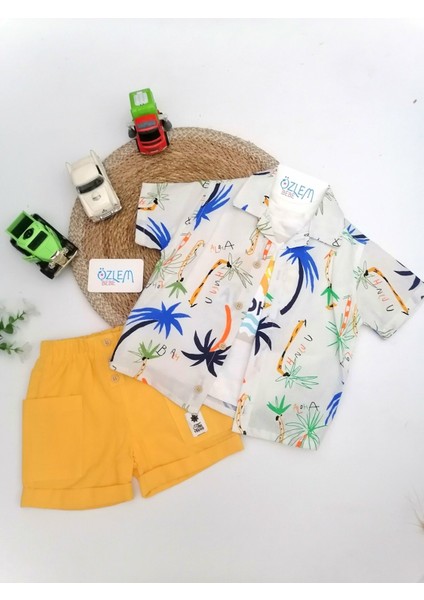 Aloha Baskı Gömlek&şort 3'lü Keten Tk. Sarı - 6-9 Ay
