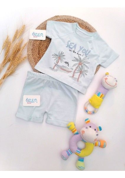 Sea You Palmiye Desen Şortlu 2'li Takım Mavi - 9-12 Ay