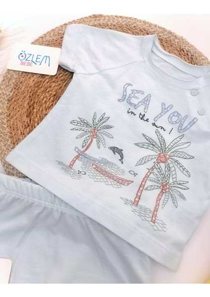 Sea You Palmiye Desen Şortlu 2'li Takım Mavi - 9-12 Ay modelleri
