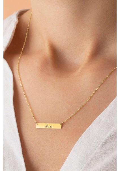 14 Ayar Plakalı Altın Seda Ismine Özel Zincirli Dikdörtgen Motifli Hediyelik KOLYE-484ISIM