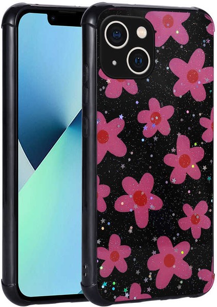iPhone 13 Uyumlu Simli Desenli Kamera Korumalı Parlak Xemu Popy Kapak-Çiçek